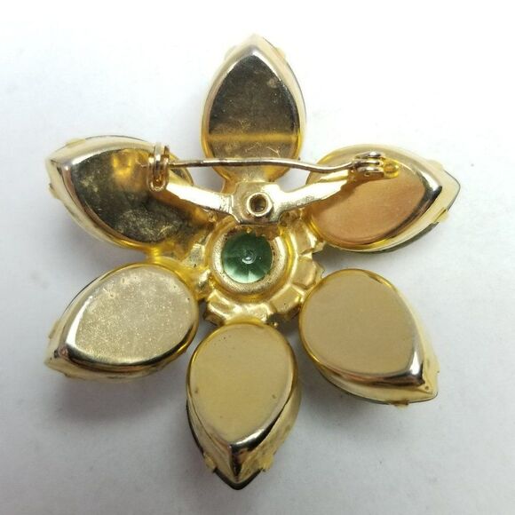 Vintage Green and Gold Tone Rhinestone Flower Brooch Unique Petal Design, Estate - Picture 3 of 7